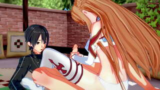 Kirito kry&#039;n blowjob van Asuna, dan naai haar hard op die bed.